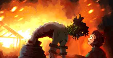 2K Quad HD PC wallpaper of Demon Slayer: Kimetsu no Yaiba — Tanjiro Kamado confronts the demon Gyutaro in a dramatic anime battle amid roaring flames.