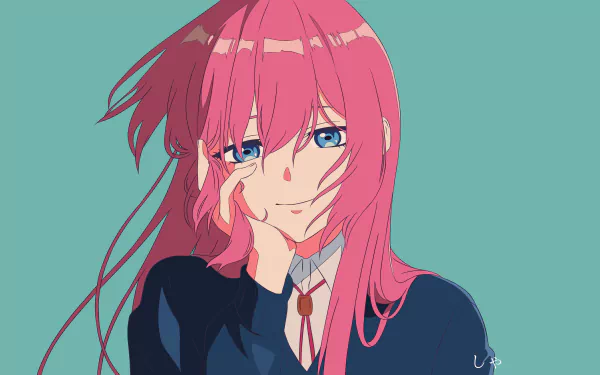 4K Ultra HD anime wallpaper featuring Micchon Shikimori from Shikimori's Not Just a Cutie, with pink hair and a thoughtful expression against a teal background.