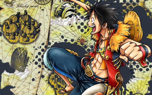 A vibrant HD desktop wallpaper featuring Monkey D. Luffy from the anime One Piece, set against a treasure map-themed background.