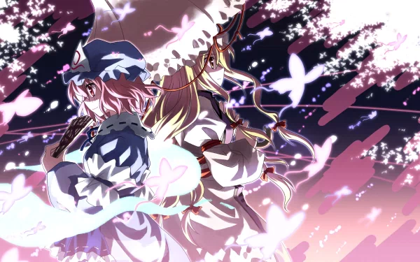 A vibrant HD desktop wallpaper featuring Yukari Yakumo and Yuyuko Saigyouji from the anime Touhou, surrounded by ethereal butterflies in a dreamy, colorful background.