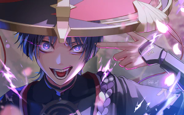 Scaramouche from Genshin Impact in dynamic pose with glowing purple energy, rendered in vibrant 4K Ultra HD for PC desktop wallpaper and background.