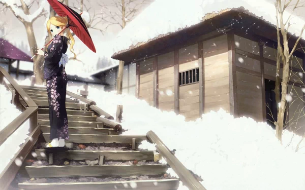 A stunning 4K Ultra HD wallpaper featuring Kaere Kimura from the anime Sayonara Zetsubou-Sensei, set in a serene snowy landscape with traditional architecture.