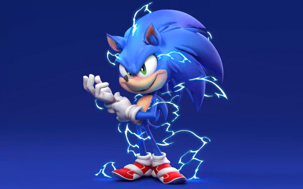 5K Ultra HD PC desktop wallpaper of video game hero Sonic the Hedgehog, standing amid crackling blue electricity against a deep blue background.