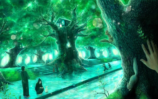 Anime-style HD PC desktop wallpaper featuring a glowing forest with large, ancient trees, a treehouse, and several figures amid an ethereal green atmosphere.