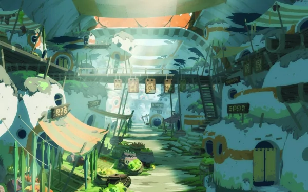 Anime Ōban Star-Racers 2K Quad HD PC desktop wallpaper: sunlit domed market of rounded dwellings, hanging banners, stairways and patches of lush green.