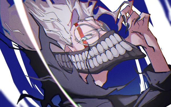 4K Ultra HD anime wallpaper featuring a dynamic character from Dandadan, inspired by Ken Takakura’s style with a striking skeletal mask and intense expression.