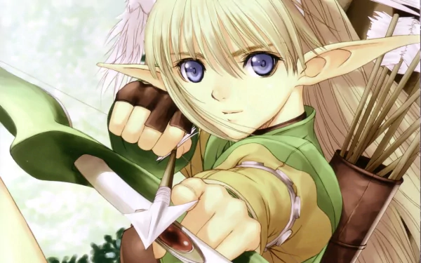 HD anime desktop wallpaper featuring an elf archer character from Shining Tears X Wind, drawing a bow with focused determination in a vibrant outdoor setting.