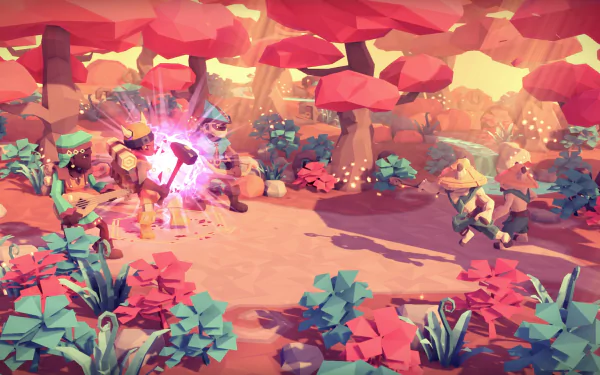 HD desktop wallpaper featuring a vibrant scene from the game For The King with characters and stylized mushrooms.