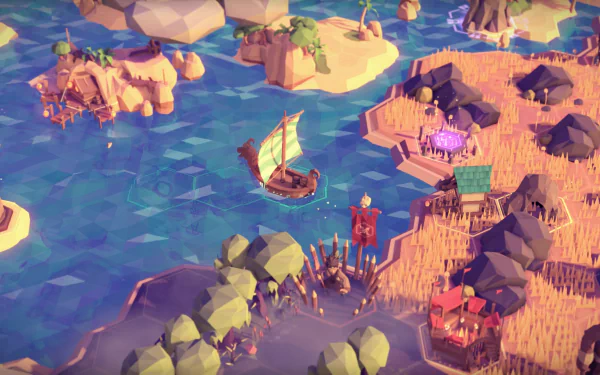 HD wallpaper featuring 'For The King' game with stylized landscape, sailing boat, and fantasy settlements.