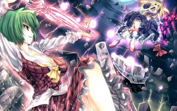 HD anime desktop wallpaper featuring Yukari Yakumo and Yuuka Kazami from Touhou, showcasing dynamic action with vibrant magical effects and detailed character designs.