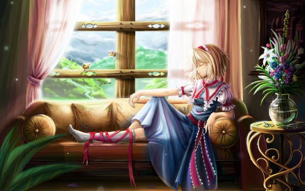 Anime Touhou Alice Margatroid Blonde Flower Sleeping Bird Blue Dress HD Wallpaper | Background Image
