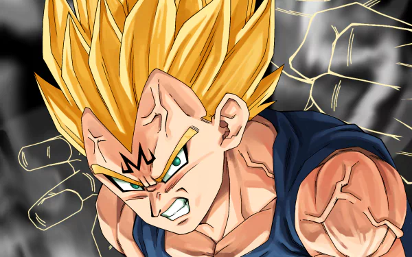 Majin Vegeta in Super Saiyan 2 form, snarling with glowing golden hair and crackling electricity, muscular anime Dragon Ball HD desktop wallpaper.