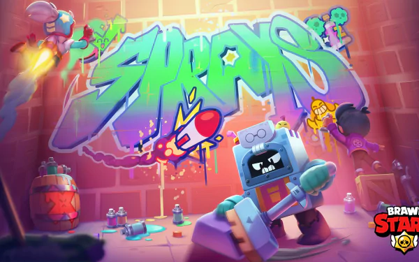 HD PC desktop wallpaper featuring colorful graffiti-style Sproing text and characters from the video game Brawl Stars in a vibrant urban setting.