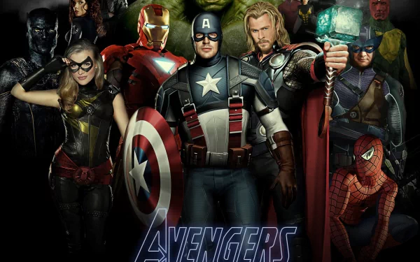 HD desktop wallpaper featuring The Avengers movie characters, including Captain America, Iron Man, Thor, and other superheroes in dynamic poses.