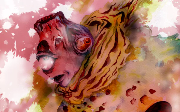 Watercolor-style 2K Quad HD PC desktop wallpaper of Jogo (Jujutsu Kaisen anime): fiery, textured portrait of the cursed spirit with a lava-like head and swirling colors.