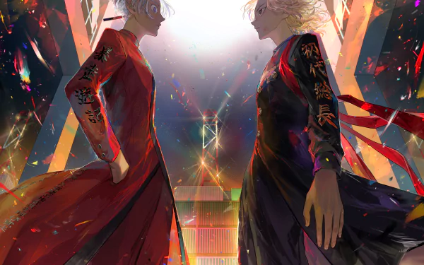 4K Ultra HD anime wallpaper featuring Mikey Manjiro Sano and Izana Kurokawa from Tokyo Revengers, standing face to face with vivid lighting and dynamic colors.