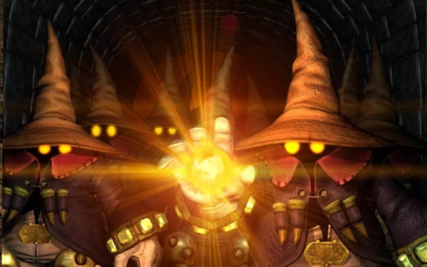 A group of sorcerers from Final Fantasy IX, adorned in iconic hats, stands in a dark tunnel, casting a glowing spell. This HD image captures the essence of the beloved video game.