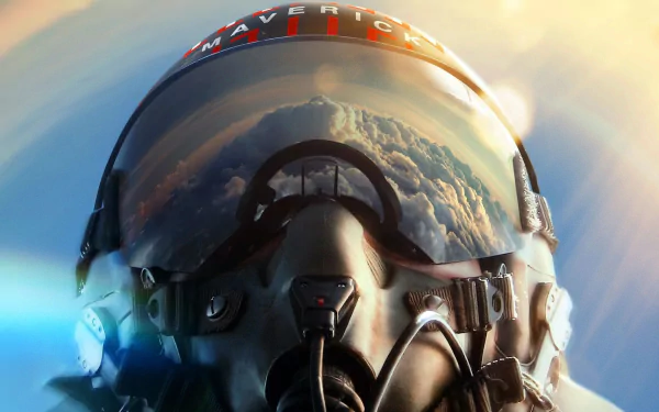 HD PC desktop wallpaper featuring a close-up of a fighter pilot helmet with Maverick text, inspired by the movie Top Gun: Maverick.