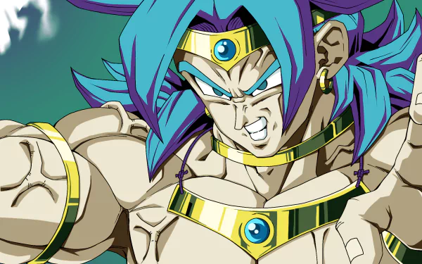 HD PC desktop wallpaper/background featuring Broly (Dragon Ball) from the Dragon Ball anime, teal hair and gold armor, snarling against an energy-charged green backdrop.