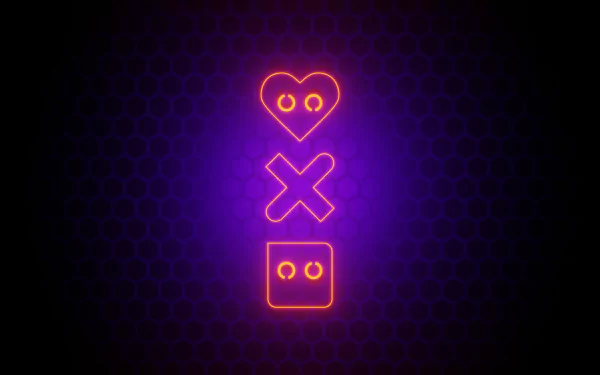 4K Ultra HD purple wallpaper featuring neon symbols inspired by the TV show Love Death & Robots on a dark hexagonal patterned background.