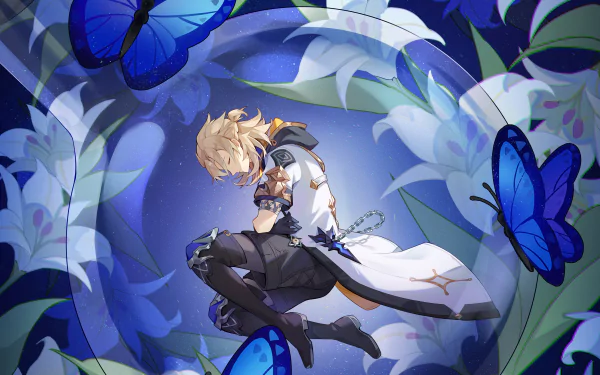 4K Ultra HD PC desktop wallpaper featuring Albedo from Genshin Impact surrounded by blue butterflies and ethereal floral elements.