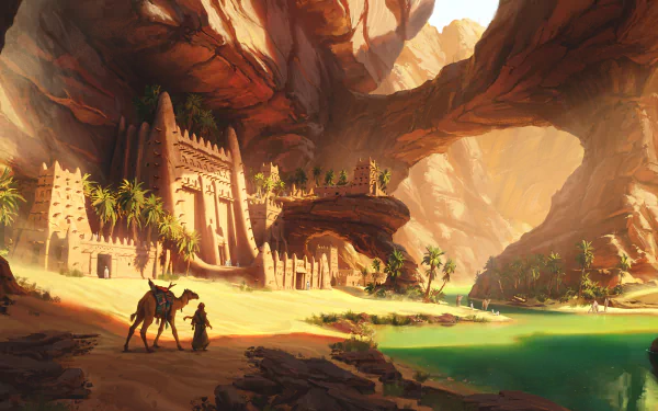 HD desktop wallpaper of a fantasy city nestled in a rocky desert canyon with a verdant oasis and camel rider.