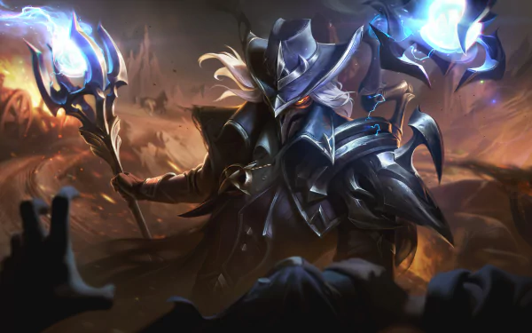 Viktor from League of Legends wields a glowing staff in a dynamic 8K Ultra HD video game wallpaper with intense lighting and detailed armor.