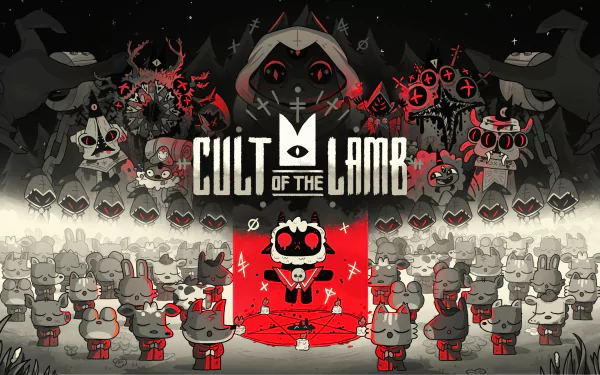 4K Ultra HD Cult of the Lamb video game wallpaper featuring the hooded lamb leader surrounded by cult members in a dark, stylized art style for PC desktop background.