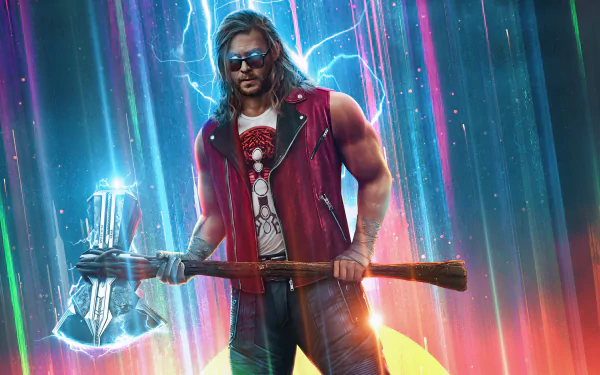 HD PC desktop wallpaper featuring Chris Hemsworth as Thor from the movie Thor: Love and Thunder, holding Stormbreaker with a vibrant, electrifying cosmic background.
