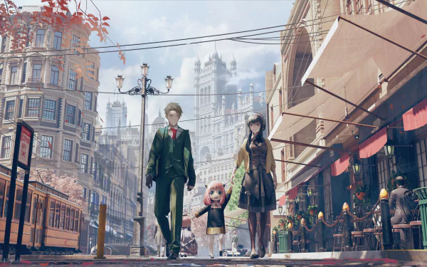 HD desktop wallpaper featuring Yor Forger, Loid Forger, and Anya Forger from the anime Spy x Family walking through a picturesque cityscape with beautiful architecture and a cafe-lined street.