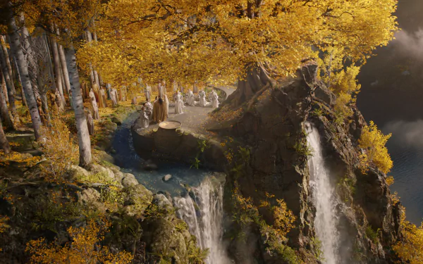 HD desktop wallpaper featuring a golden forest and cascading waterfalls from the TV show The Lord of the Rings: The Rings of Power.