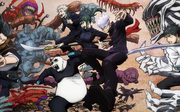 4K Ultra HD PC desktop wallpaper featuring dynamic characters from Anime Jujutsu Kaisen 0 in an intense battle scene with vibrant colors and detailed artwork.