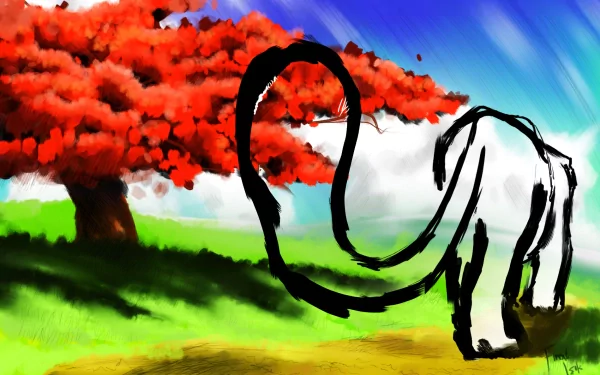 Artistic fantasy drawing of a roaming spirit tiger beneath a vibrant red tree, designed as an HD PC desktop wallpaper and background.
