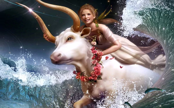 Fantasy HD desktop wallpaper depicting a woman riding a majestic white bull adorned with flowers, surrounded by splashing waves and a magical atmosphere.