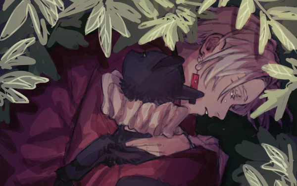 HD anime desktop wallpaper featuring Izana Kurokawa from Tokyo Revengers surrounded by leaves, showcasing detailed shading and a dark, moody atmosphere.