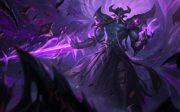 Kassadin (League of Legends) shrouded in purple void energy, wielding a glowing blade — 4K Ultra HD PC desktop video game wallpaper.