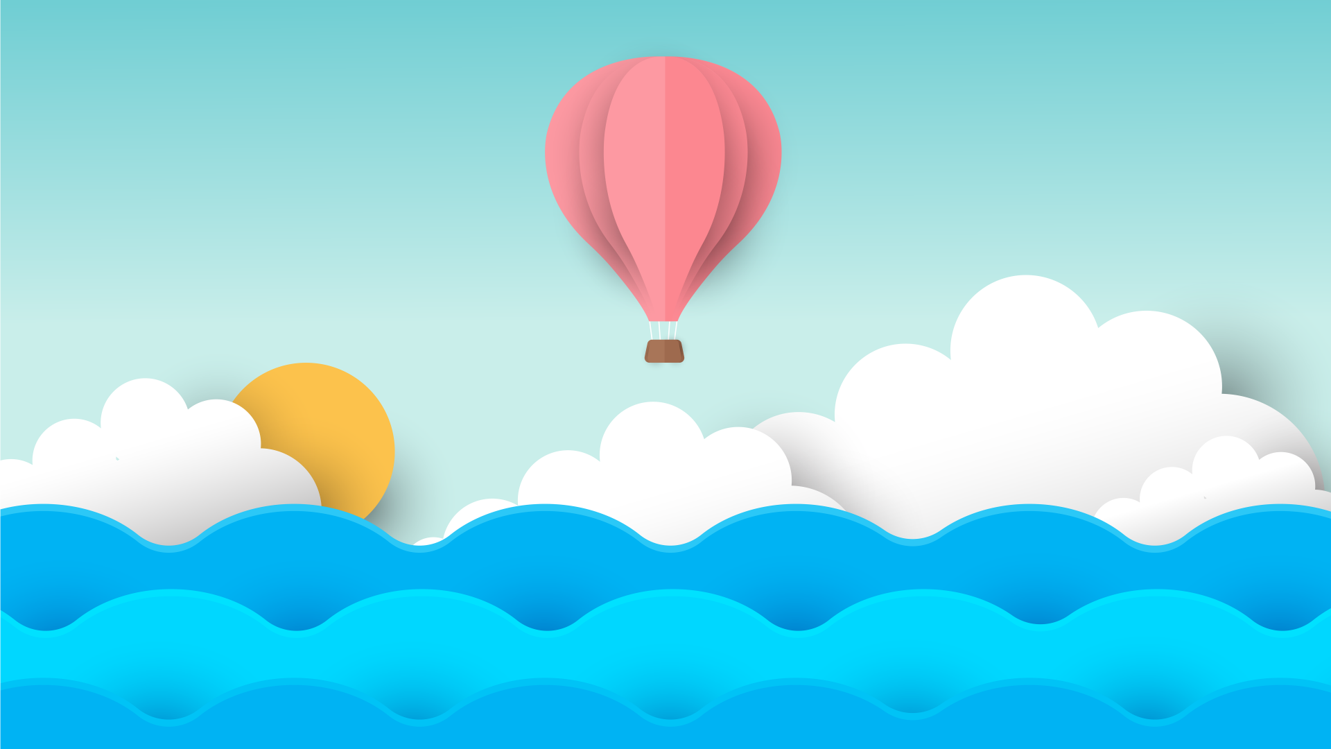 Minimalist artistic 8K Ultra HD PC desktop wallpaper: pink hot-air balloon floats above layered blue sea waves, sun peeking behind white clouds under a clear teal sky.