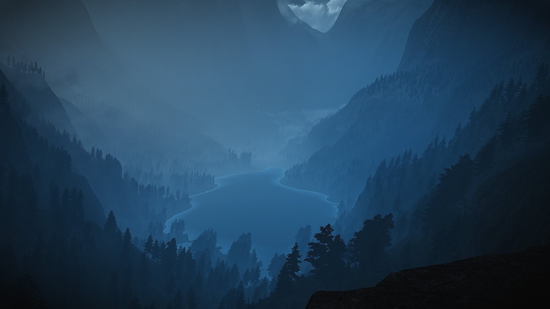 Dark, minimalist artistic landscape of a mountain valley shrouded in clouds, rendered in 4K Ultra HD as a PC desktop wallpaper and background.