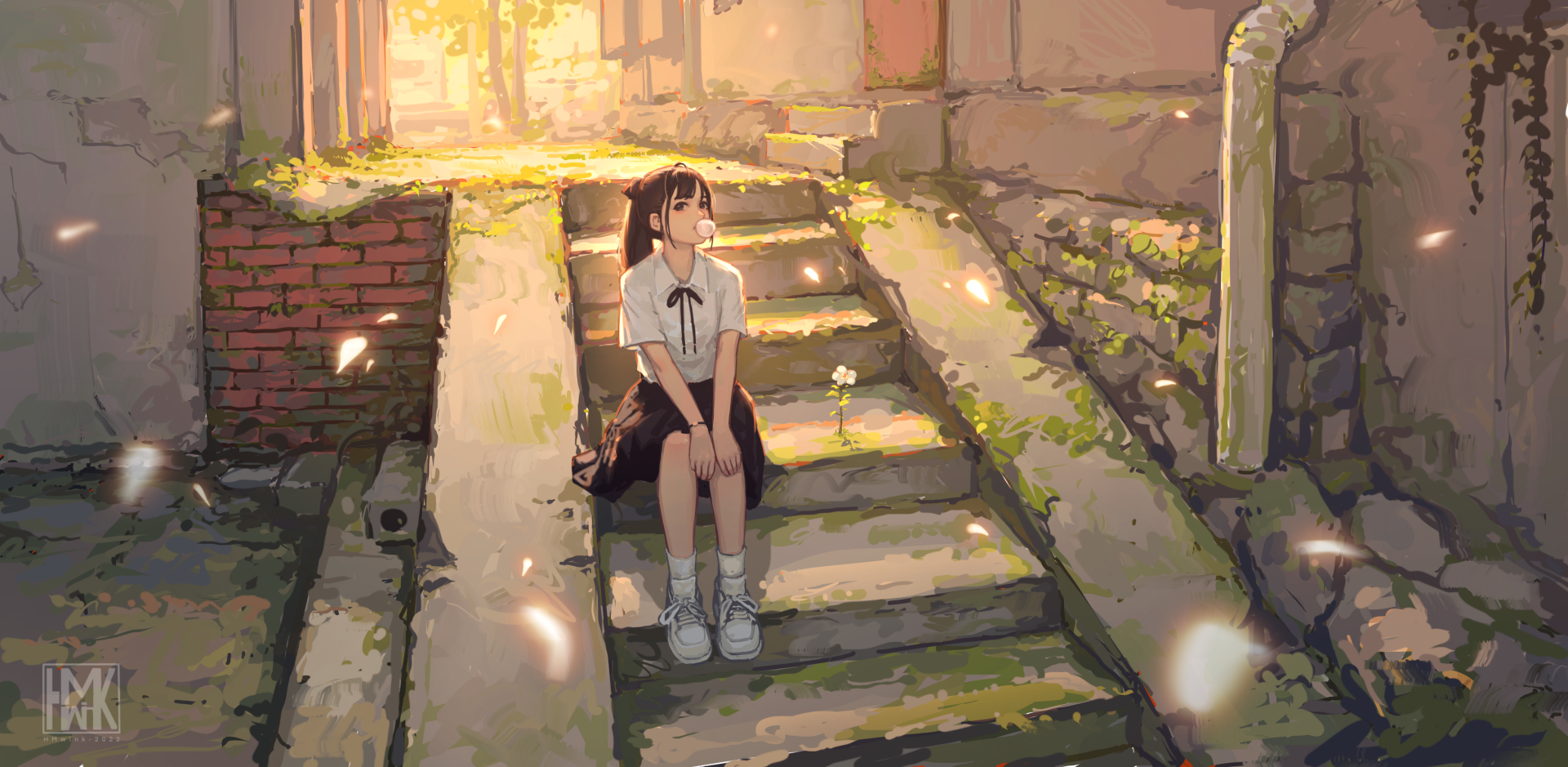 Download Bubble Gum School Uniform Illustration Anime Girl Anime Girl HD Wallpaper by Hua Ming wink