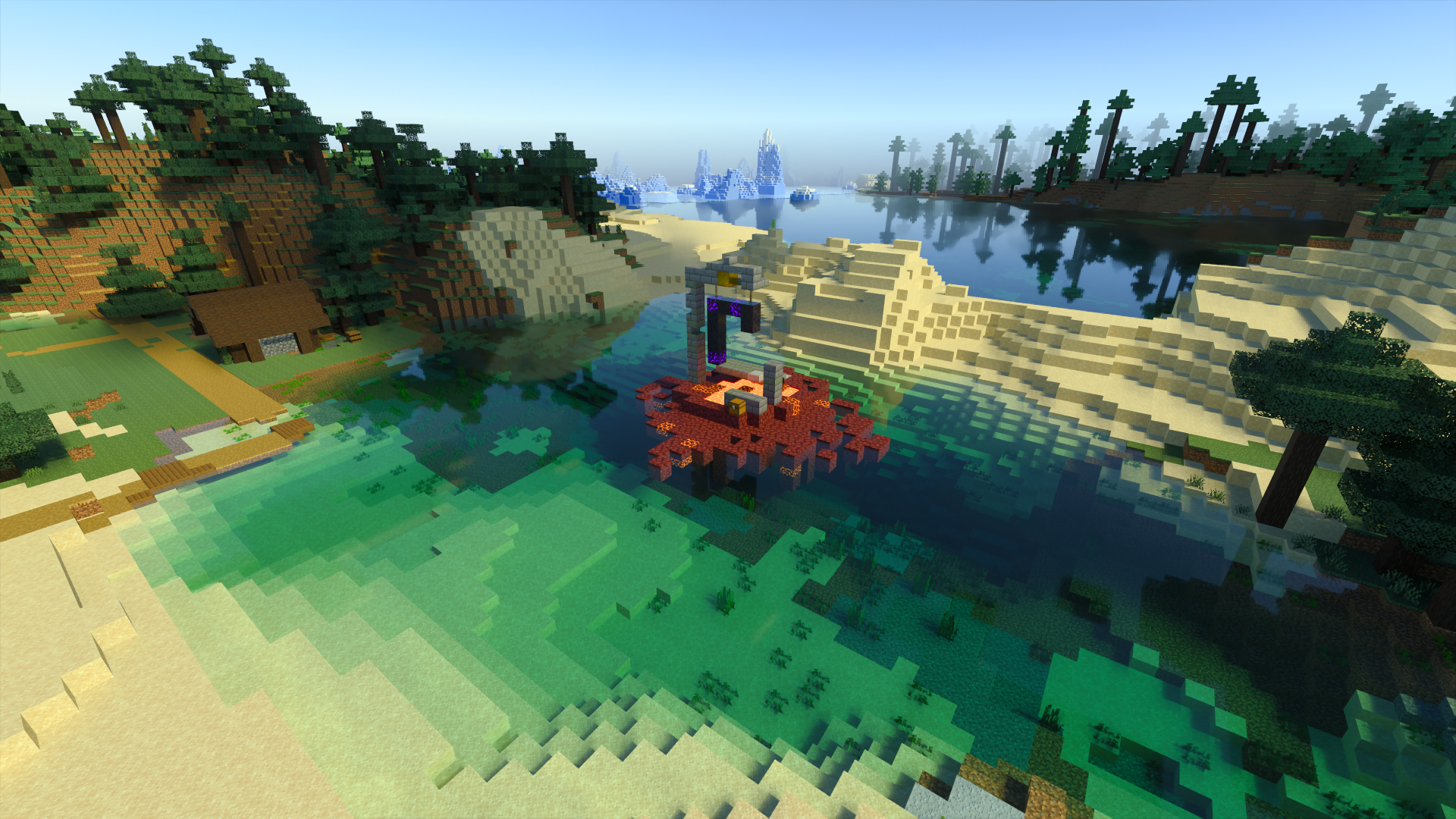 4K Ultra HD Minecraft PC wallpaper showing a vibrant coastal landscape with clear water, blocky trees, and a small structure built on the shore under a bright sky.