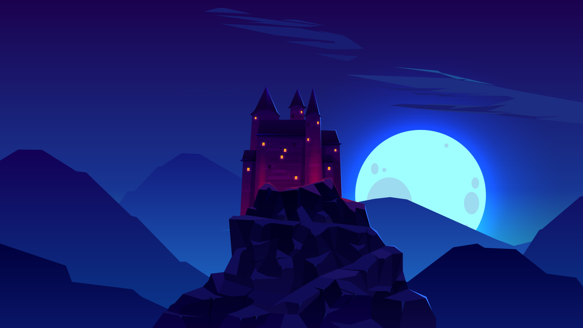 Minimalist blue 8K Ultra HD desktop wallpaper featuring an artistic castle perched on a mountain under a glowing full moon in a serene night landscape.