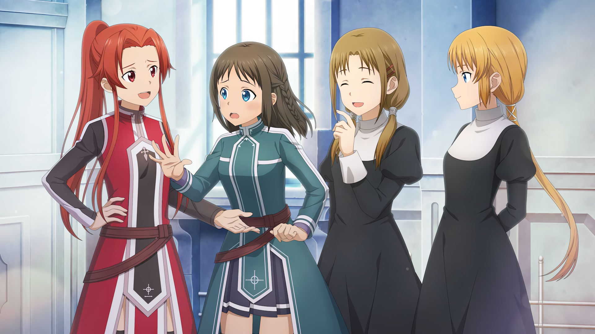 4K Ultra HD Sword Art Online: Alicization anime wallpaper depicting four female characters in detailed outfits, set against a bright indoor background.