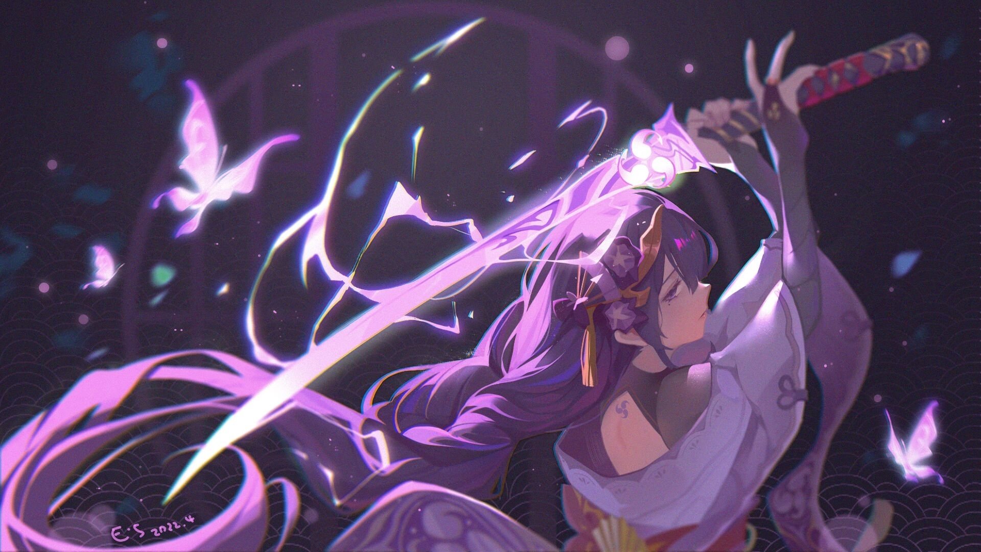 HD PC desktop wallpaper featuring Baal Raiden Shogun from the video game Genshin Impact, showcasing her with a glowing sword and dynamic purple lighting effects.