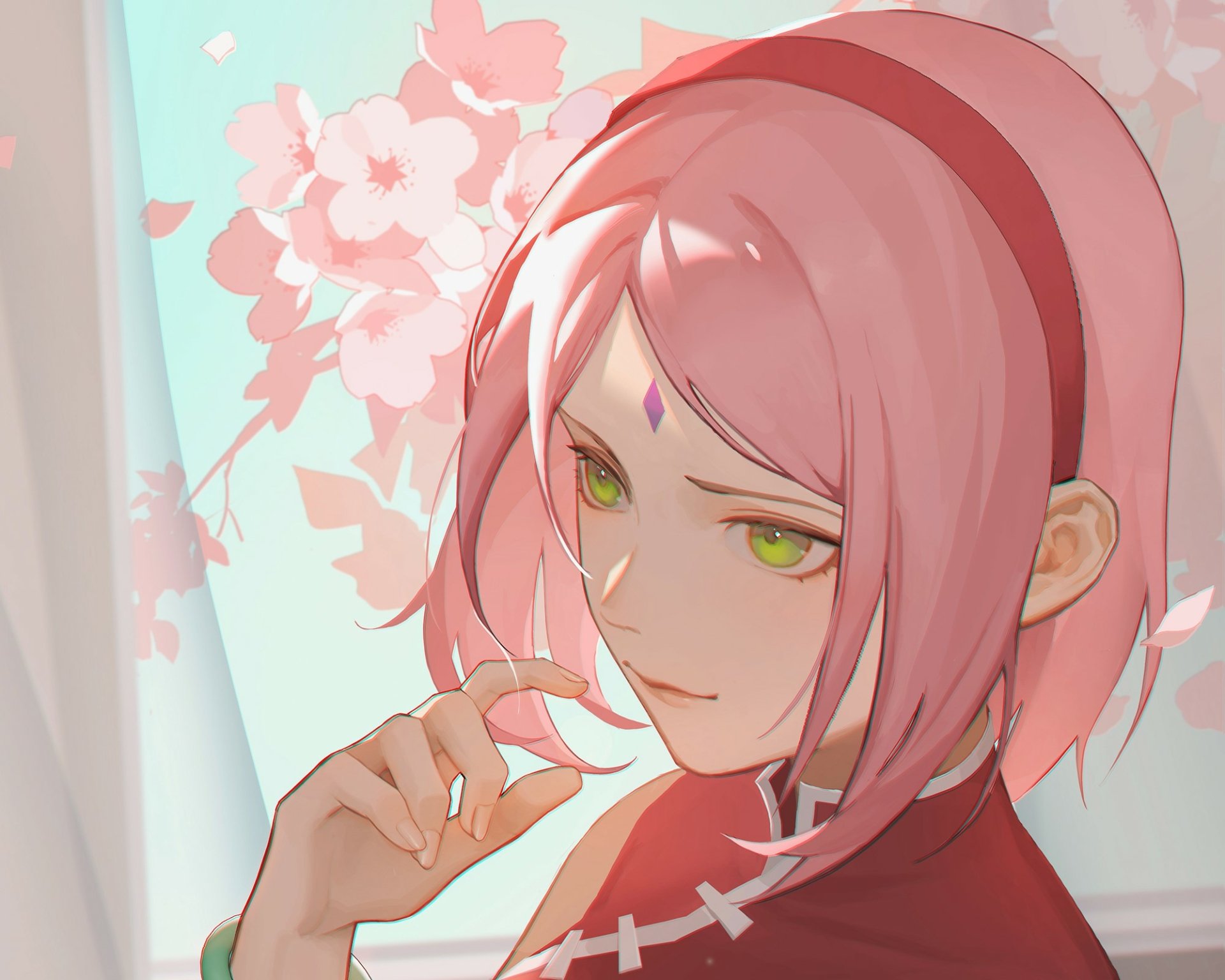 HD PC desktop wallpaper of Sakura Haruno from Boruto — anime close-up with pink hair, green eyes and a soft cherry blossom background.