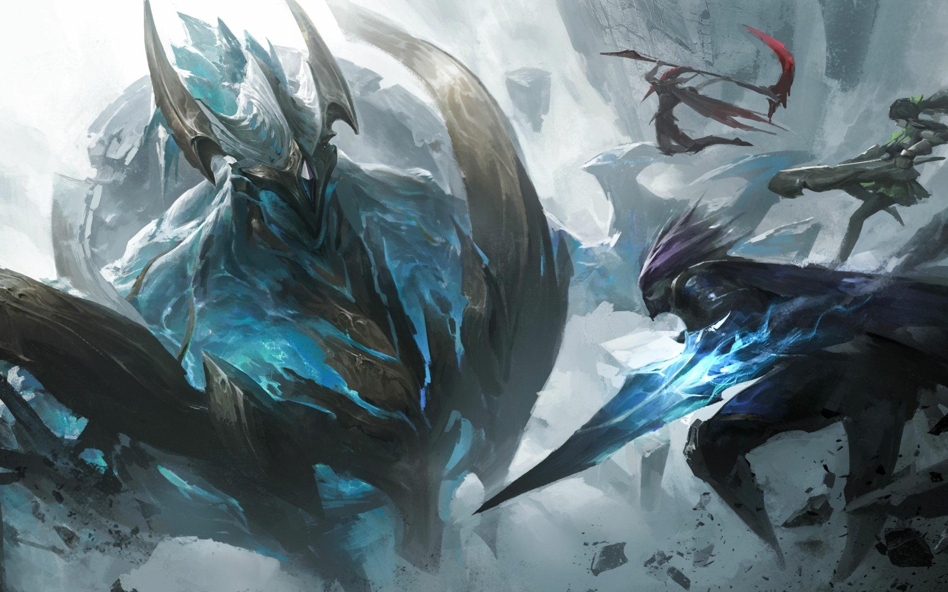 4K Ultra HD Honor of Kings PC desktop wallpaper featuring dynamic characters in battle amid a stormy, icy environment with dramatic lighting and action.