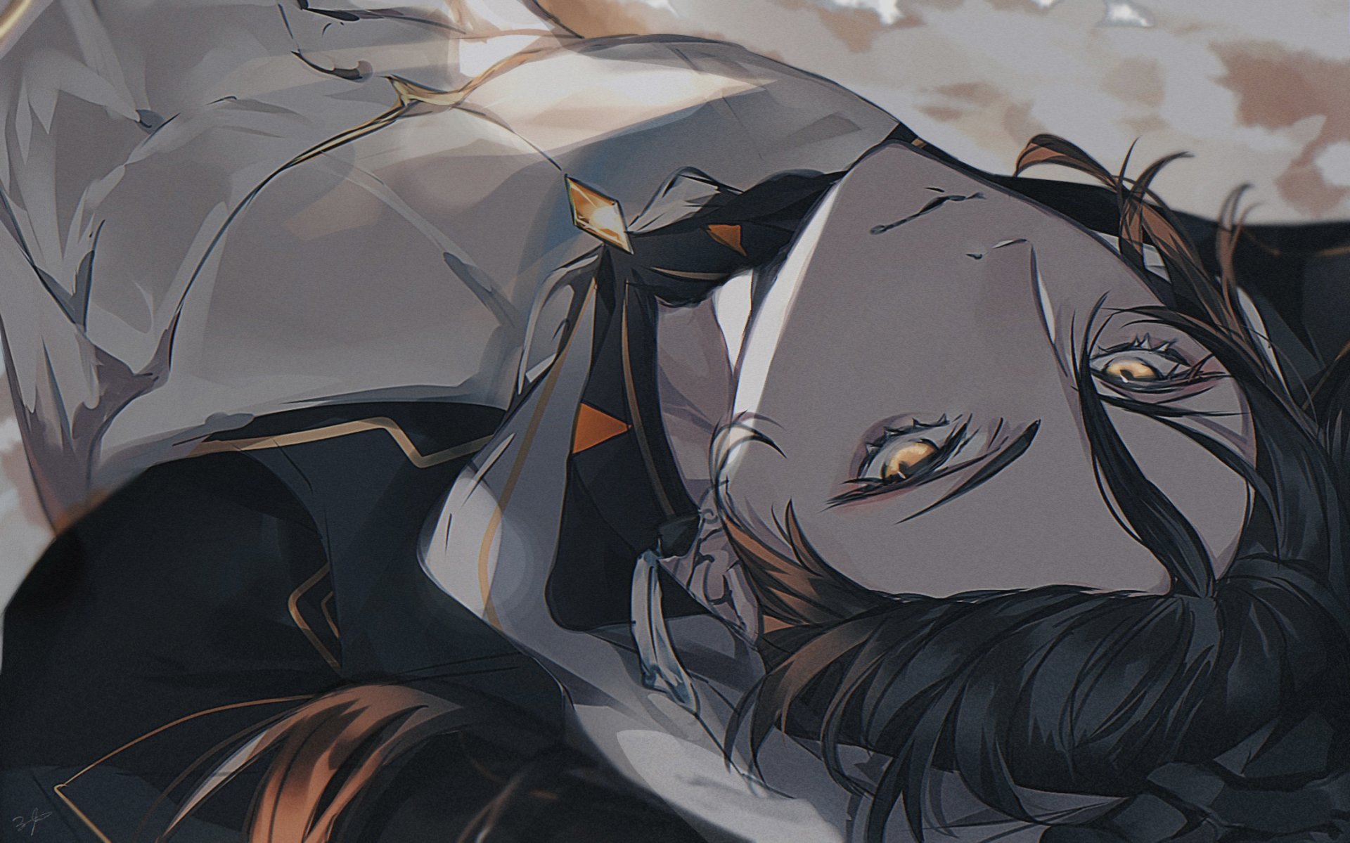 HD PC desktop wallpaper featuring Zhongli from the video game Genshin Impact, showcasing detailed anime-style art with warm tones and intricate shading.