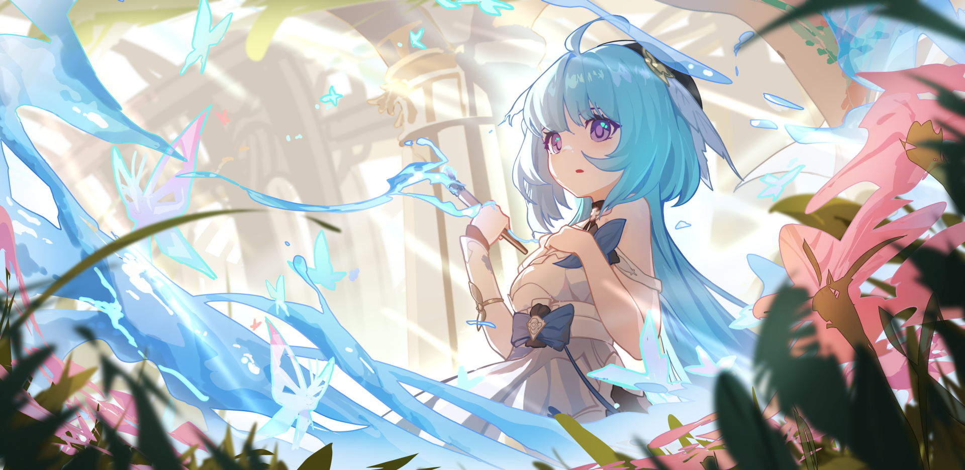 HD PC desktop wallpaper featuring Griseo with striking aqua blue hair from the video game Honkai Impact 3rd, surrounded by glowing blue butterflies in a bright, ethereal setting.