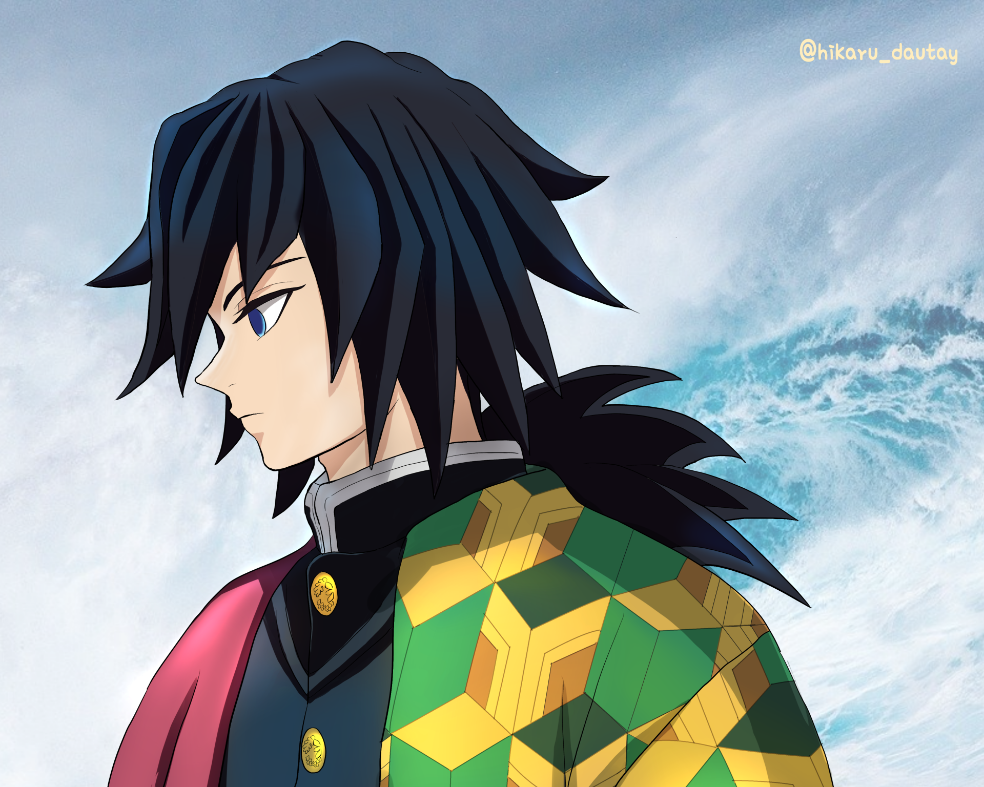 4K Ultra HD anime wallpaper of Giyuu Tomioka from Demon Slayer: Kimetsu no Yaiba, featuring him in profile with a dynamic ocean wave background.
