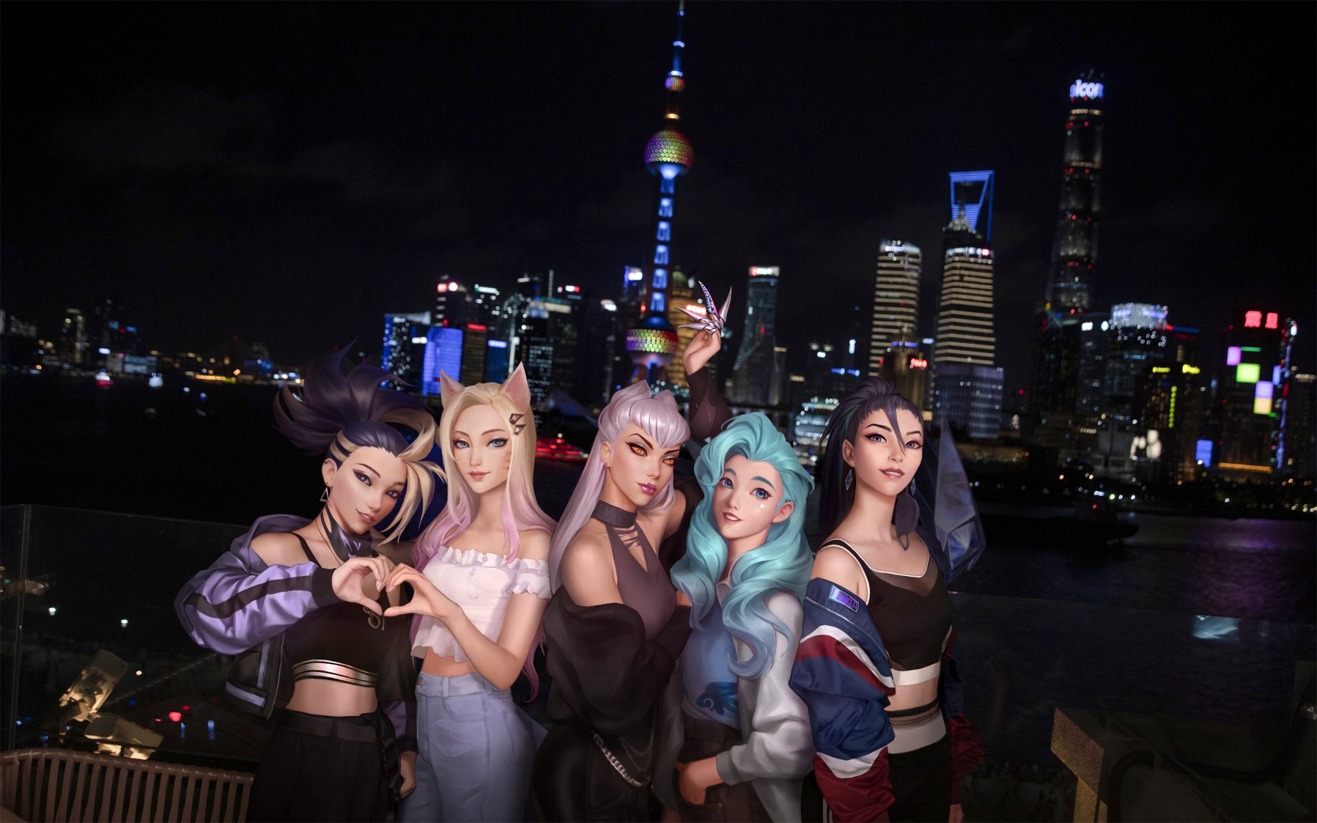 HD PC desktop wallpaper featuring the K/DA virtual music group from the video game League of Legends against a nighttime city skyline.