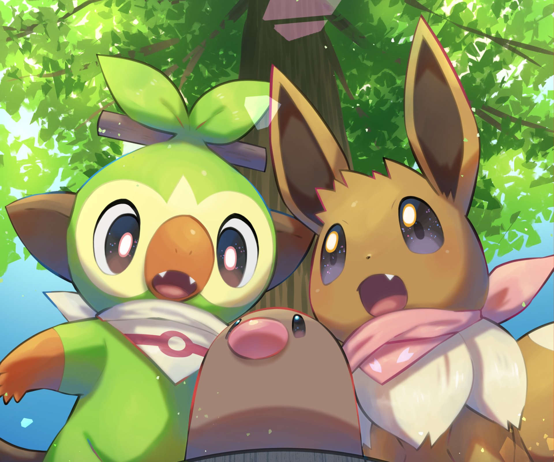 HD PC desktop wallpaper featuring Grookey, Eevee, and Diglett from Pokémon: Sword and Shield with vibrant, detailed artwork and a lush green background.